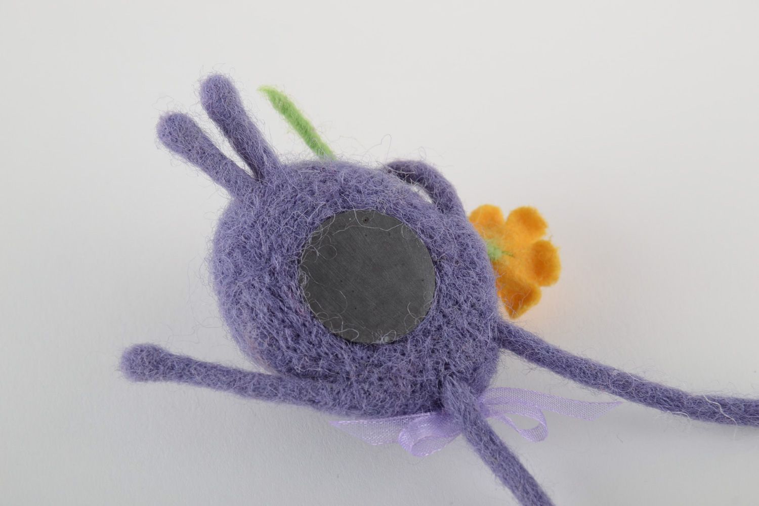 Handmade fridge magnet soft toy felted of natural wool violet rabbit with flower photo 3
