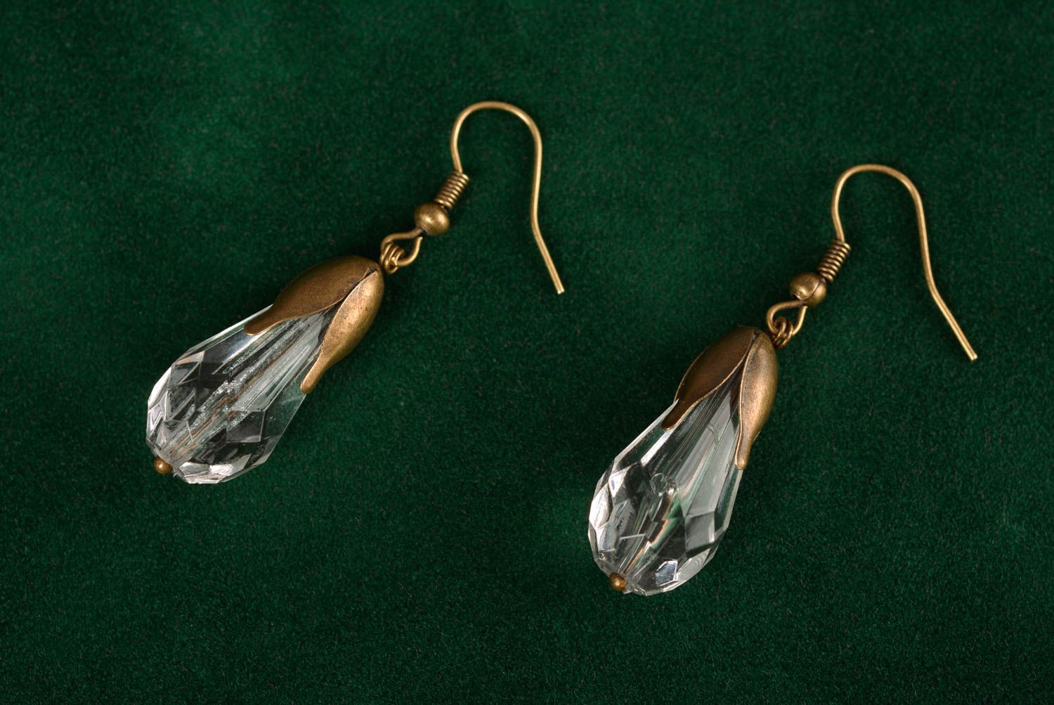 Handmade metal dangle earrings with transparent drop shaped plastic beads photo 1