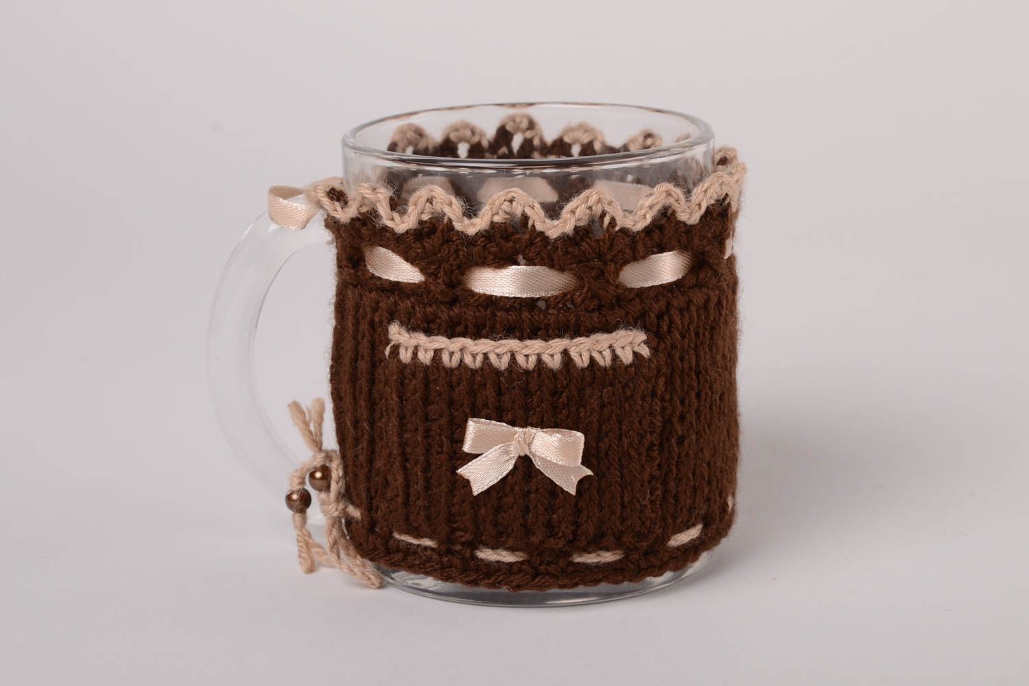 Couvre-tasse tricot fait main couleur café fils acryliques Pull pour mug textile photo 1