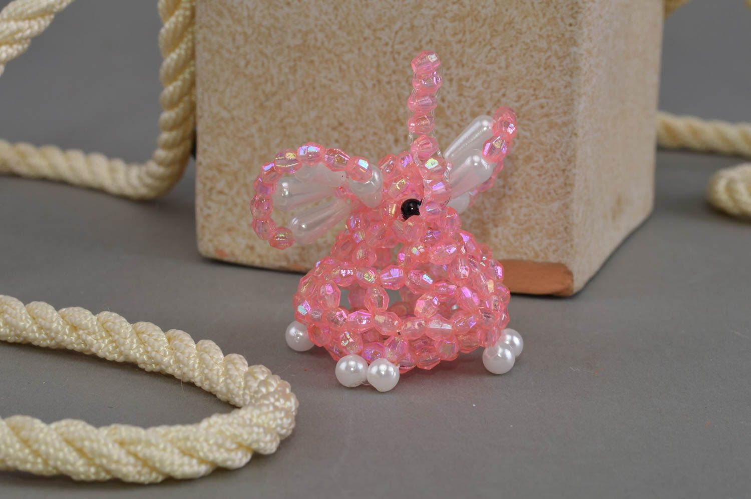 Handmade pink beaded figurine of elephant miniature collectible statuette photo 1