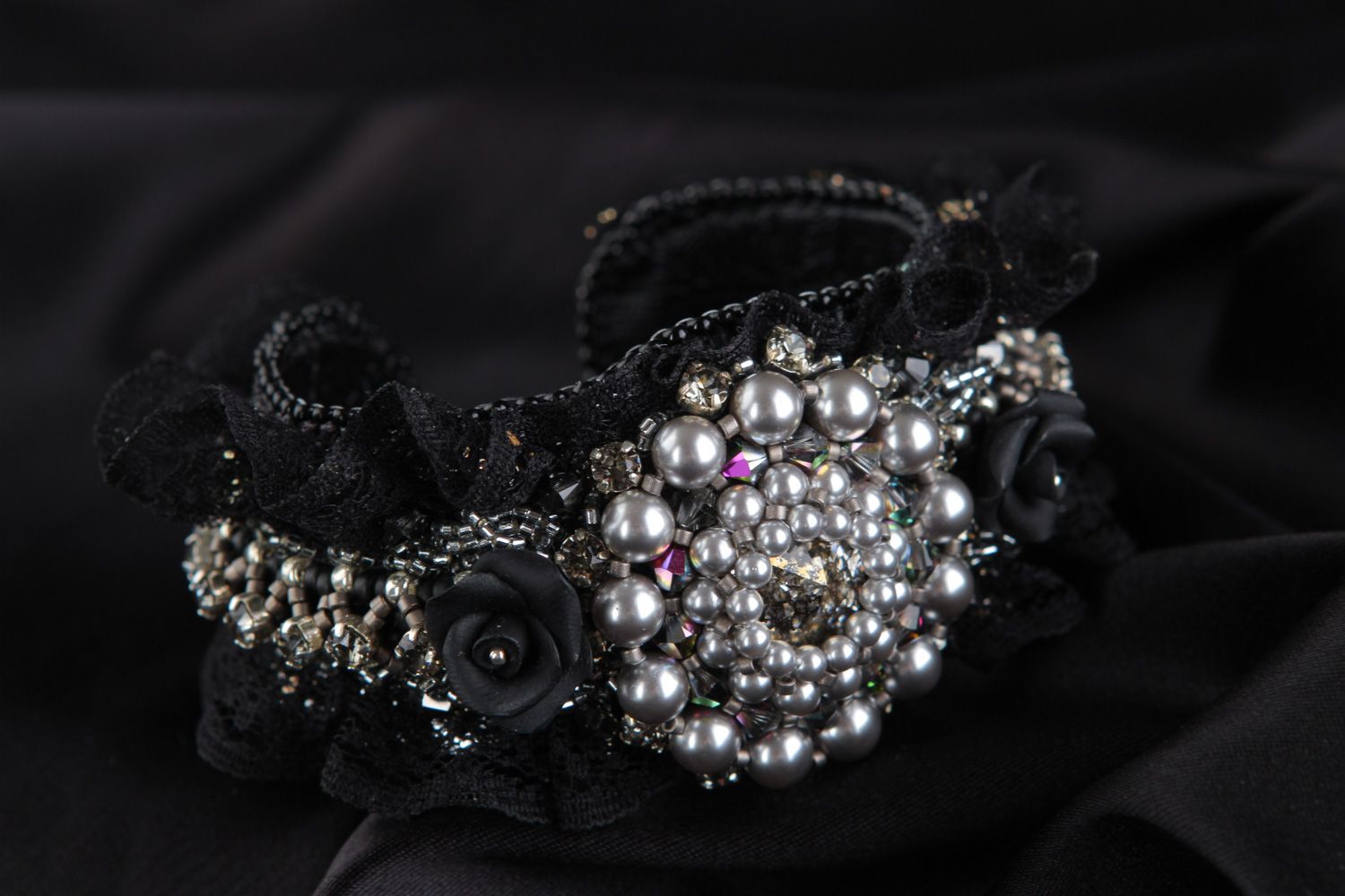 Handmade black wrist bracelet decorated with beads lace and Austrian crystal photo 5
