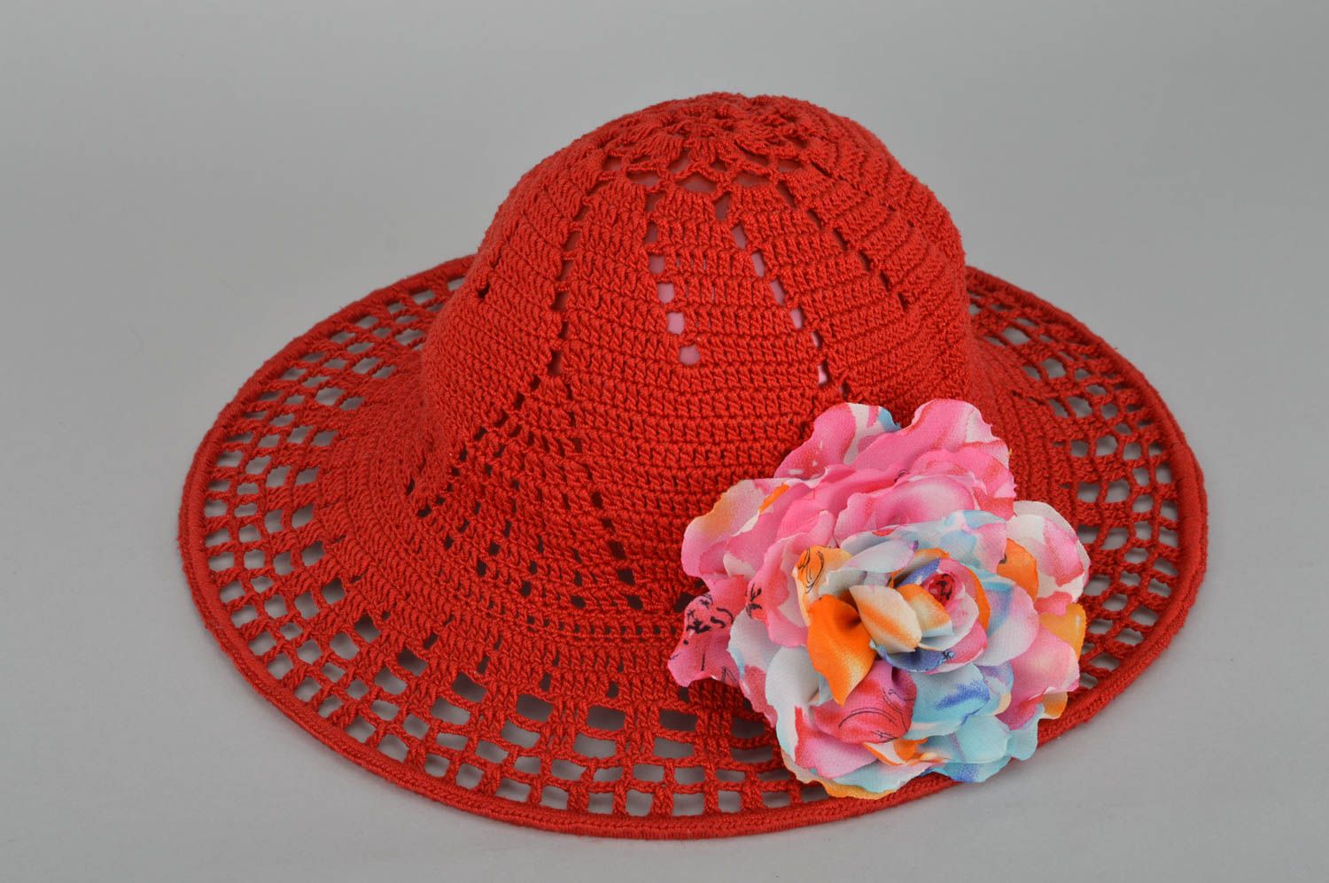 Sonnenhut Mädchen Handmade modisches Accessoire mit Blume Sommerhut Mädchen rot foto 1