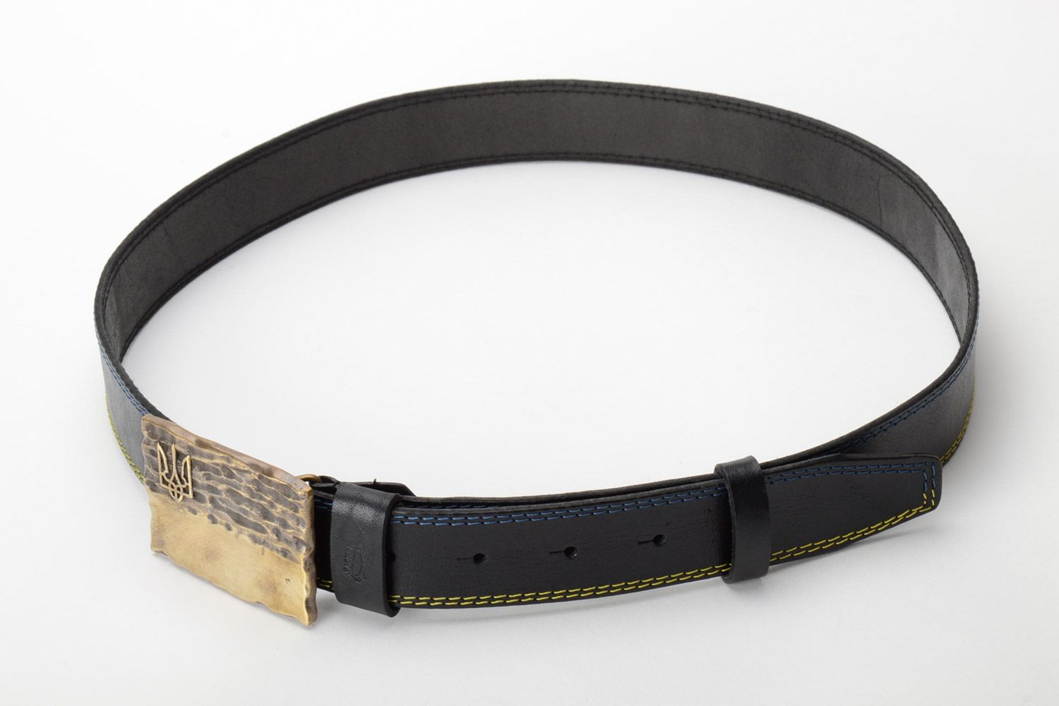 Handmade black men's genuine leather belt with brass buckle photo 4