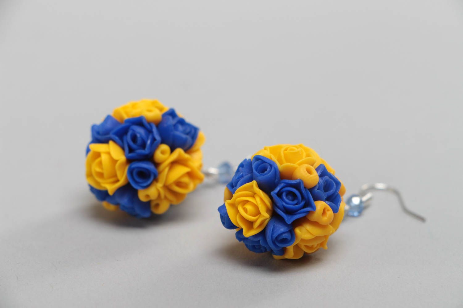 Earrings with flowers made of polymer clay with beads bright yellow with blue  photo 3