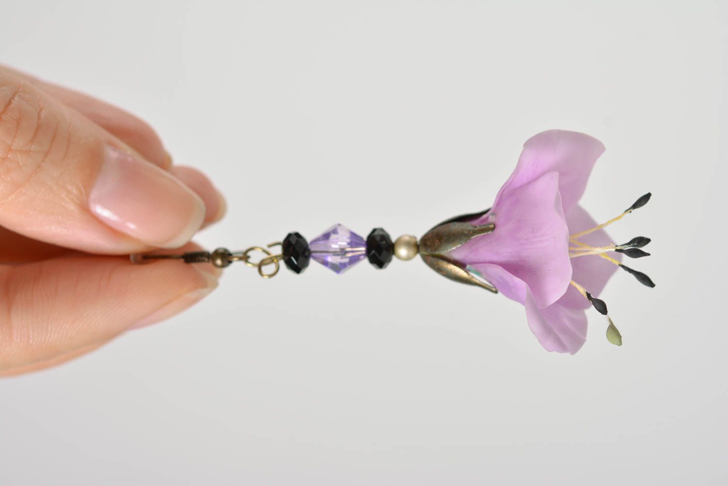 Handmade Japanese polymer clay dangling  earrings with long violet flowers photo 5