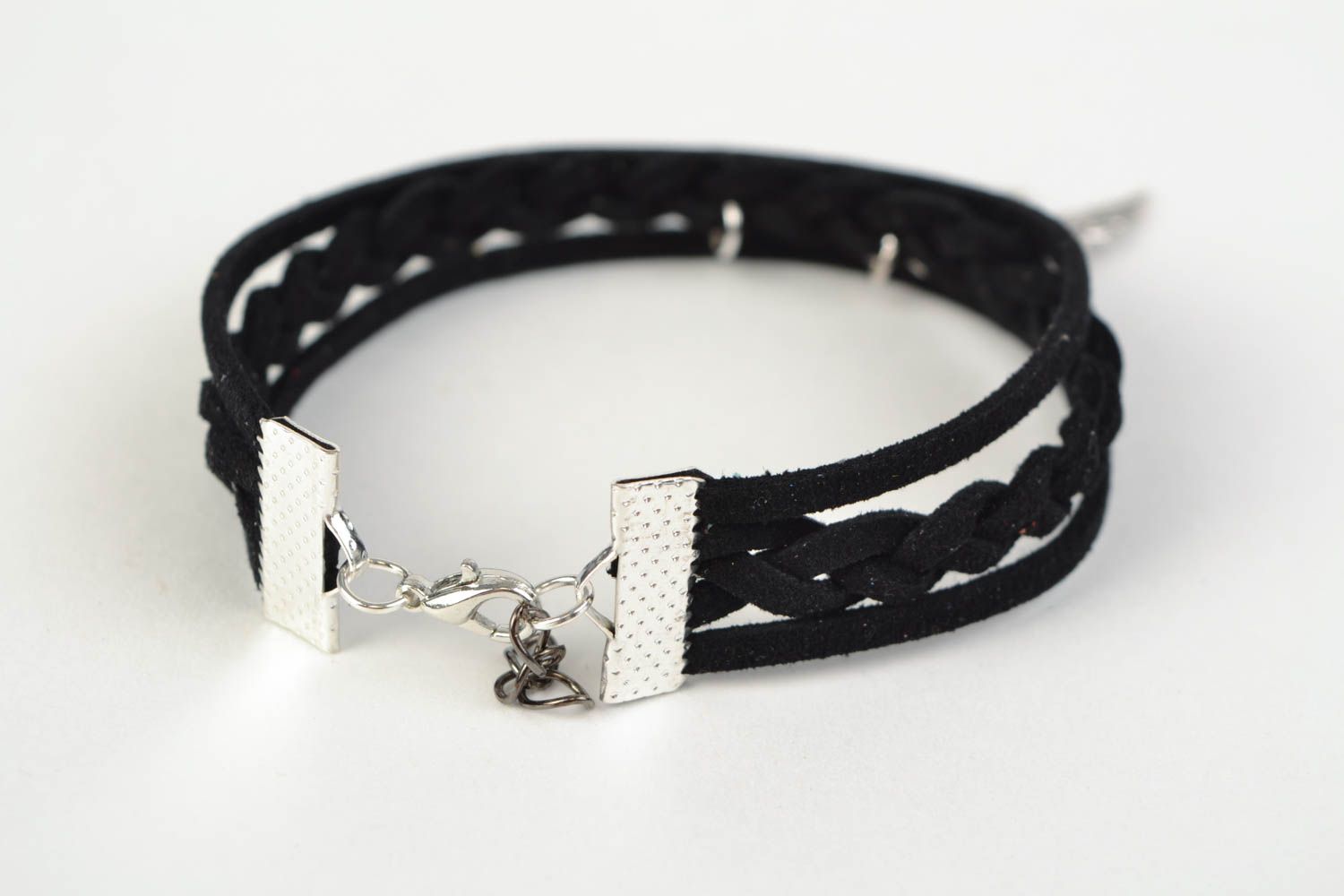 Stylish black handmade suede cord bracelet with metal charms in the shape of wings photo 4