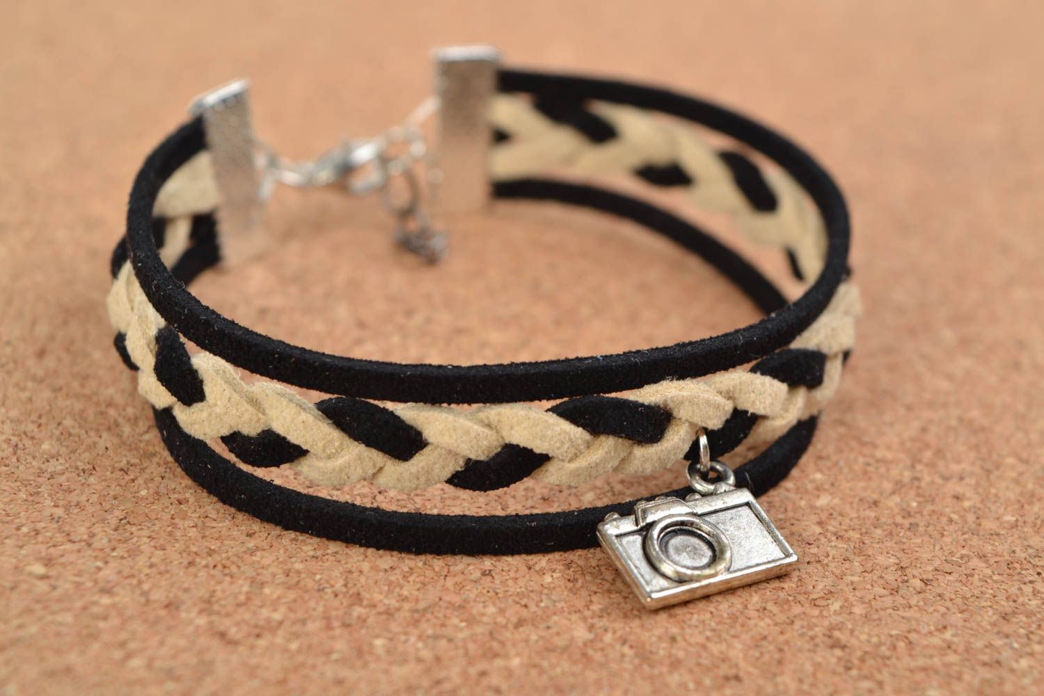 Handmade bracelet with charms unusual suede bracelet stylish accessory photo 1