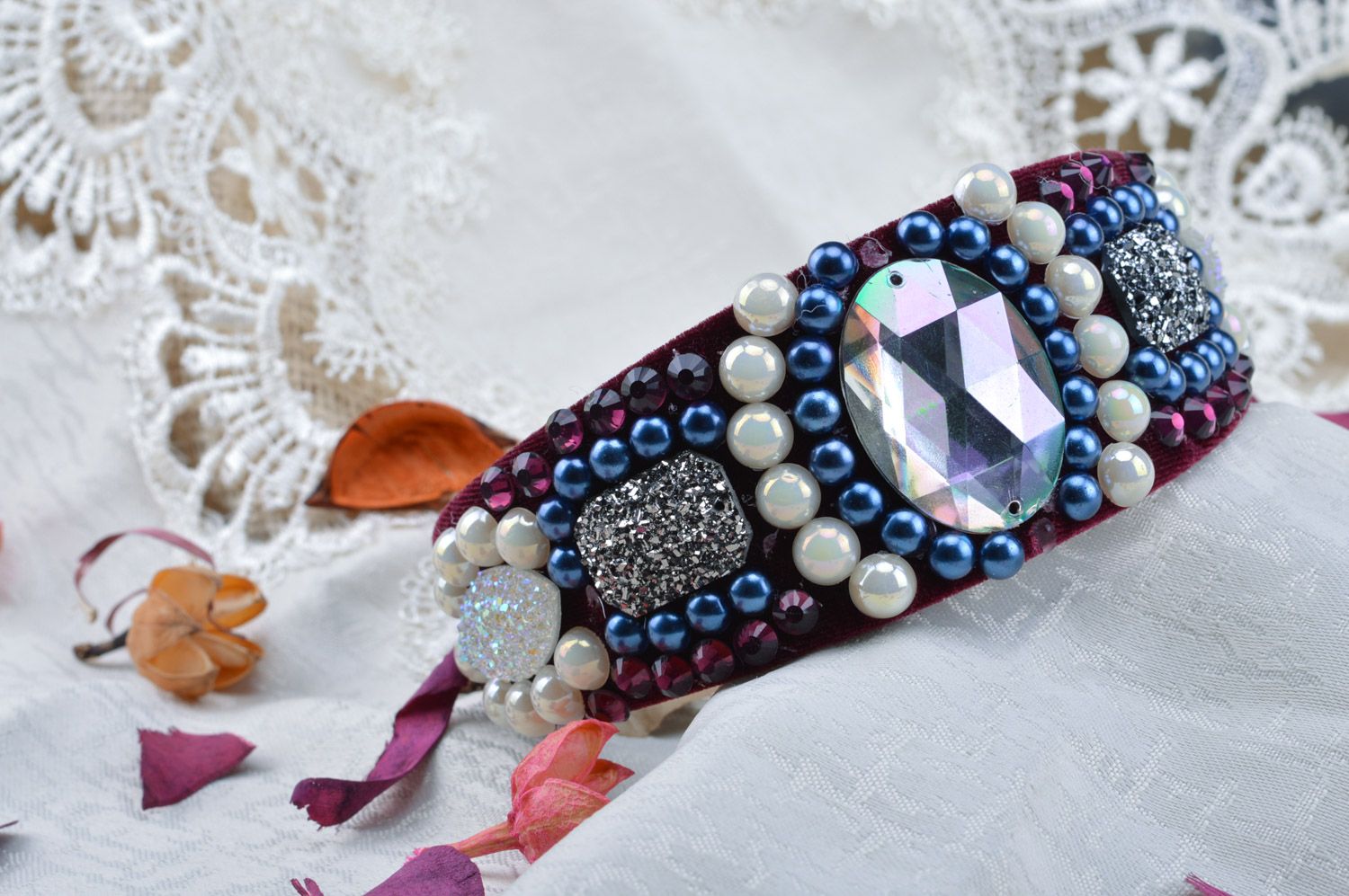 Handmade luxurious beaded headband embroidered with rhinestones and stones photo 4