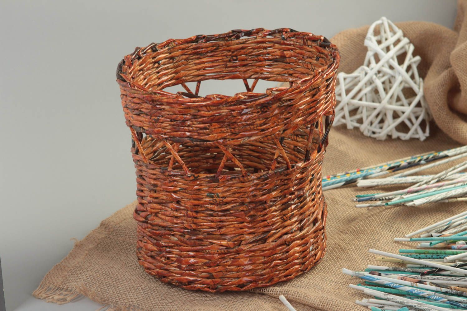 Handmade paper tubes basket designer wicker box unique handmade home basket photo 1