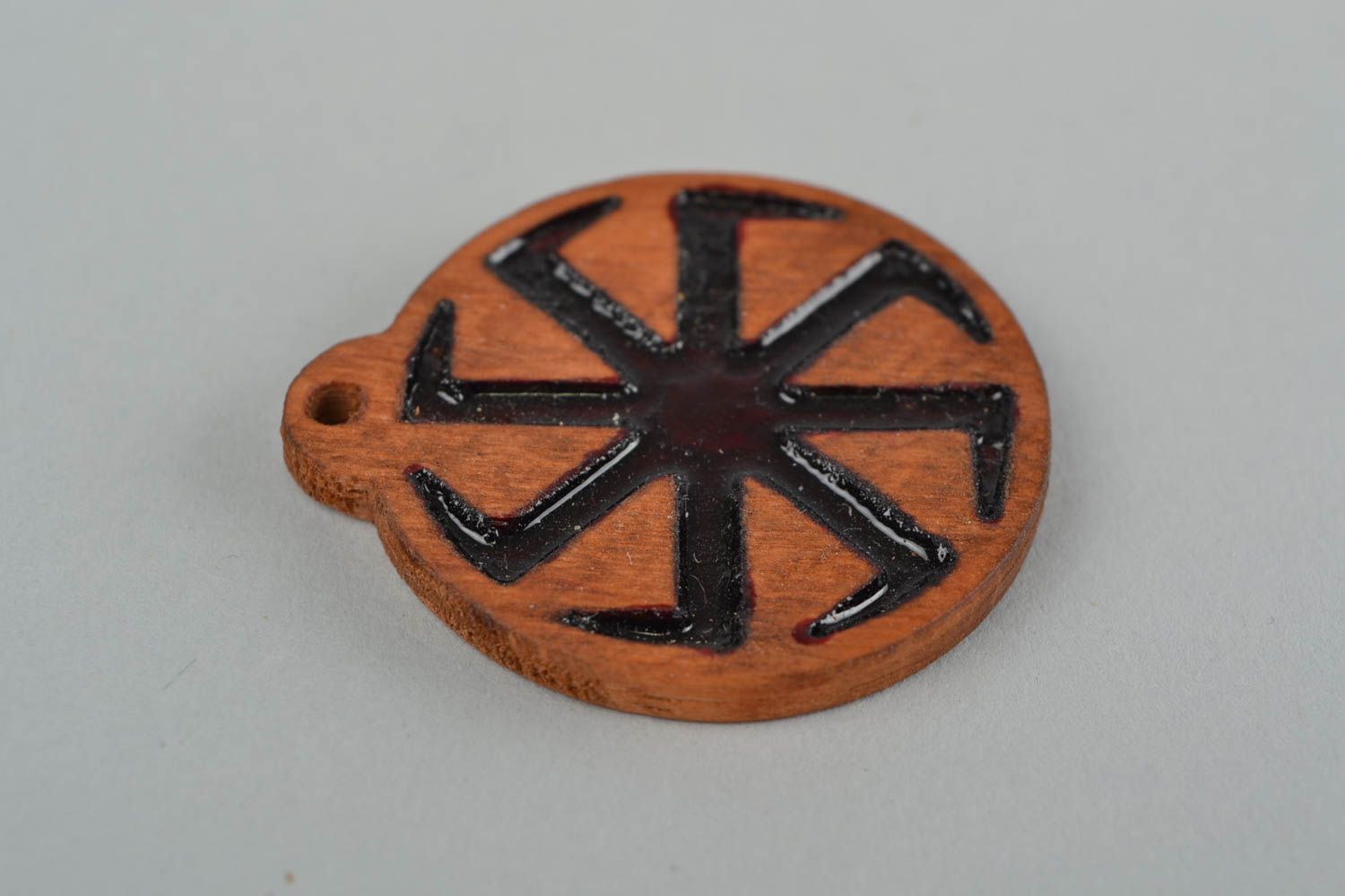 Slavonic handmade round amulet pendant made of wood Cross of Lada the Virgin photo 4
