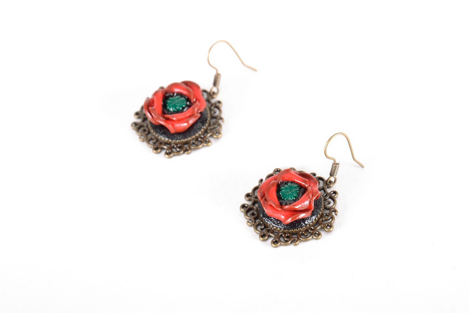Earrings made of polymer clay and metal Poppies photo 1