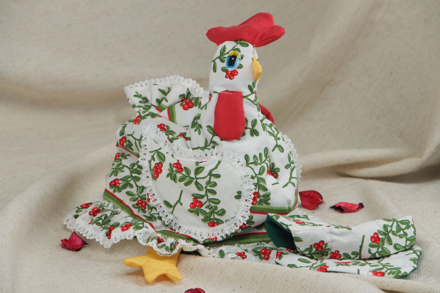 Handmade motley fabric tea pot cozy in the shape of chicken and hot pot holder  photo 5