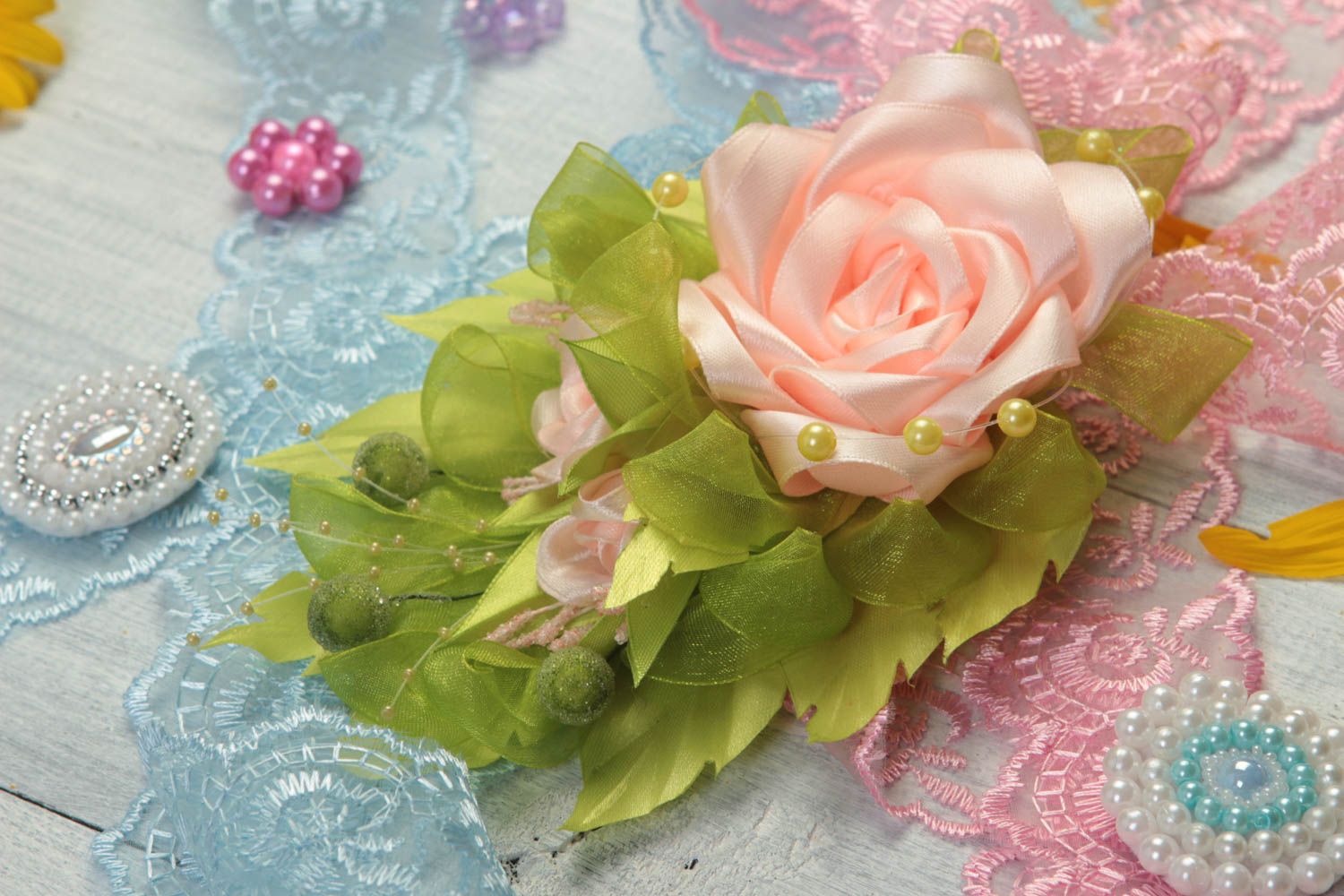 Haarspange Blume handmade Haarschmuck für Kinder Haar Accessoire grün rosa foto 1