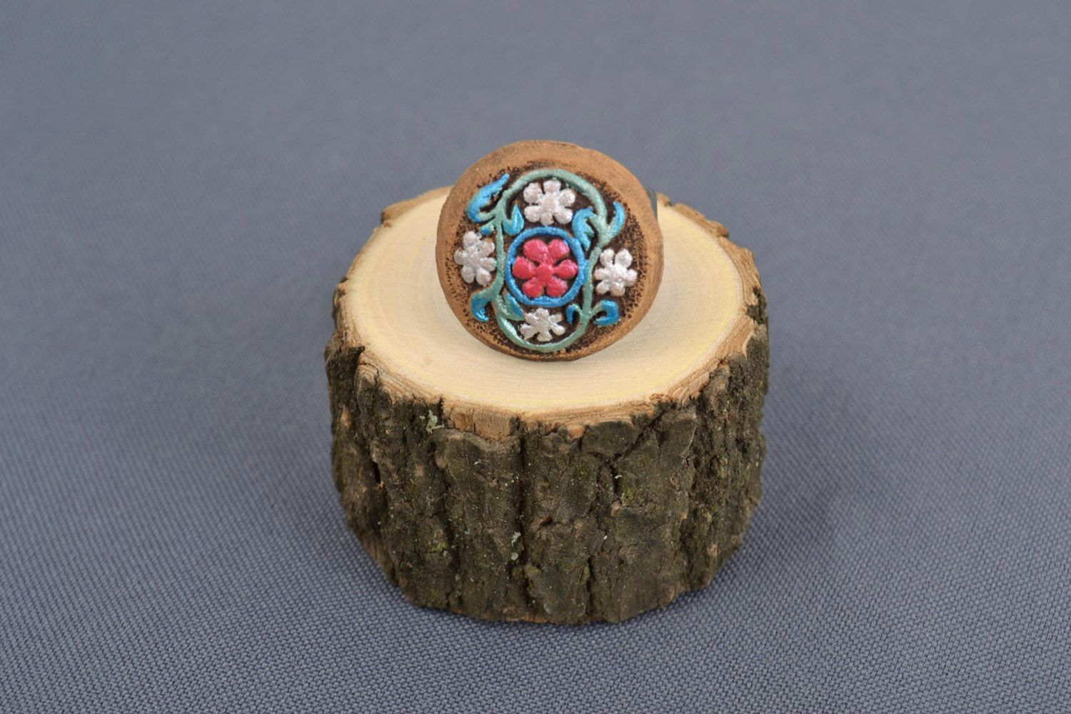 Handmade painted clay ring with open metal fittings photo 1