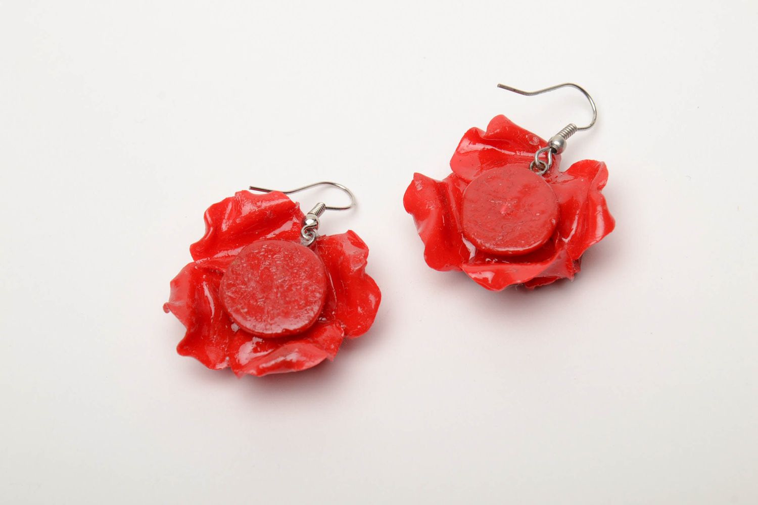 Polymer clay dangle earrings in the shape of poppies photo 4