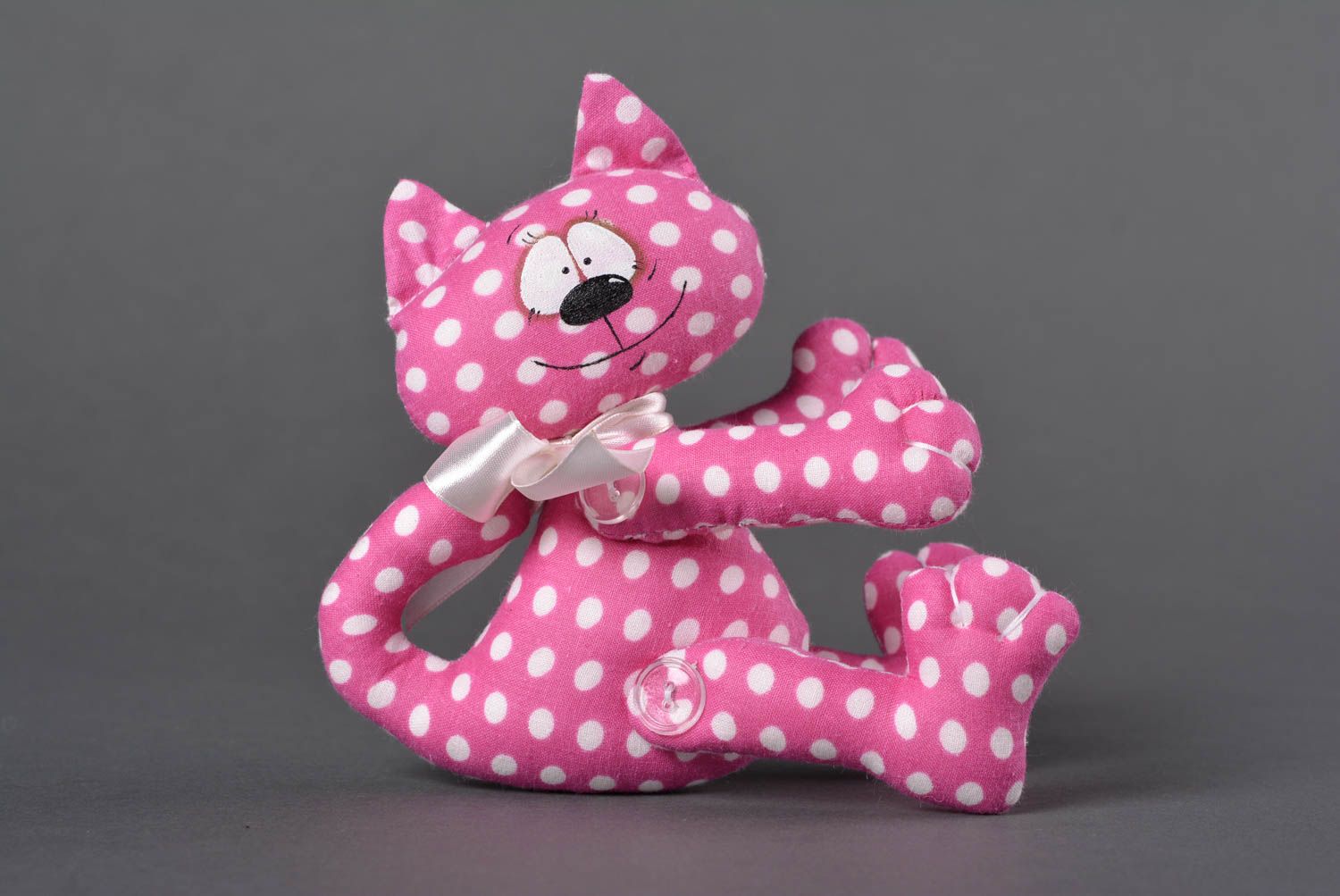 Peluche Chat en tissu Jouet fait main rose à pois original Cadeau pour enfant photo 1
