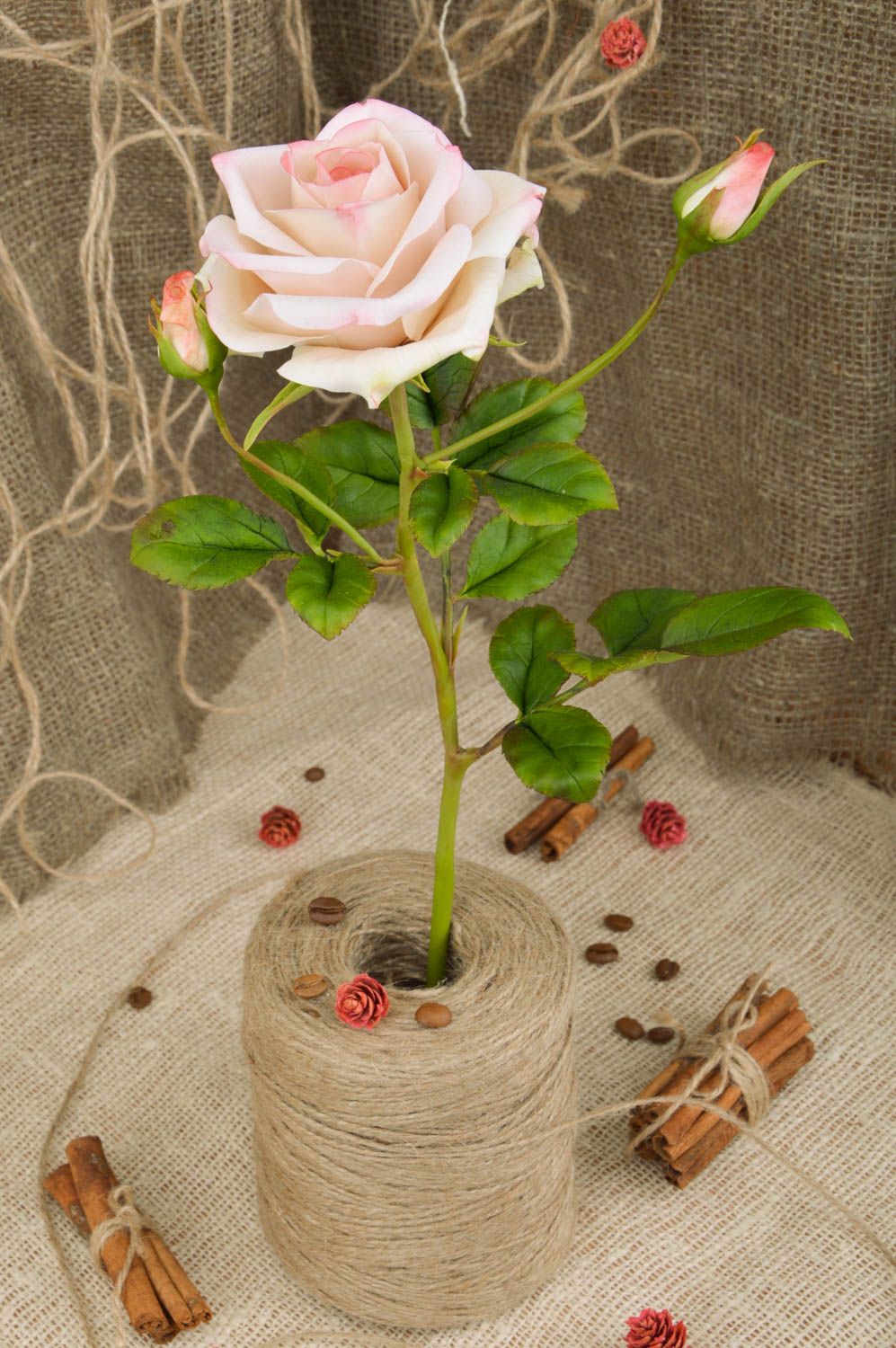 Handmade decorative artificial rose made of polymer clay with beautiful buds of pink color photo 1