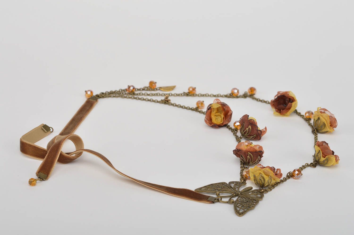 Damen Collier Blumen Halskette handgemachter Schmuck braun mit Schmetterlingen foto 4