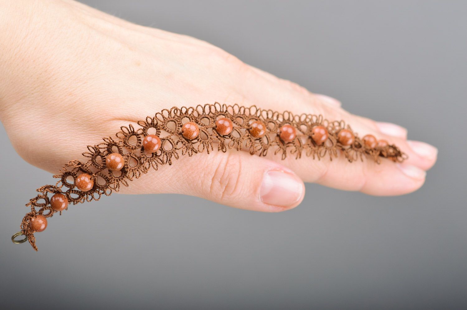 Brown handmade tatting bracelet woven of satin threads and beads photo 1