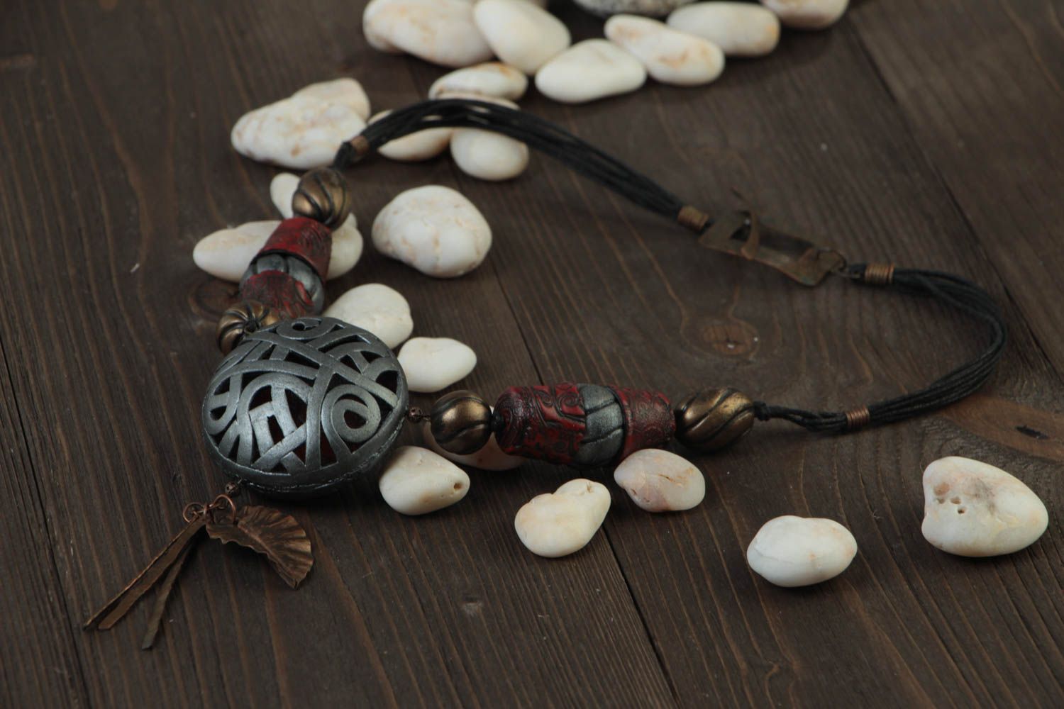 Unusual women's handmade polymer clay necklace on cord beautiful designer photo 1