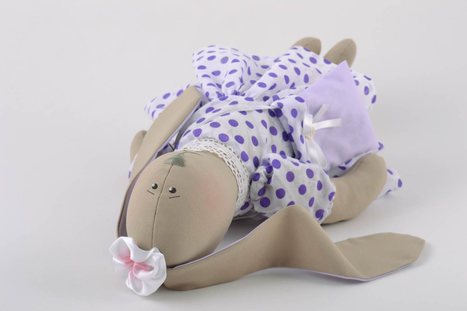 Handmade natural fabric soft toy rabbit in violet polka dot dress with bag  photo 5