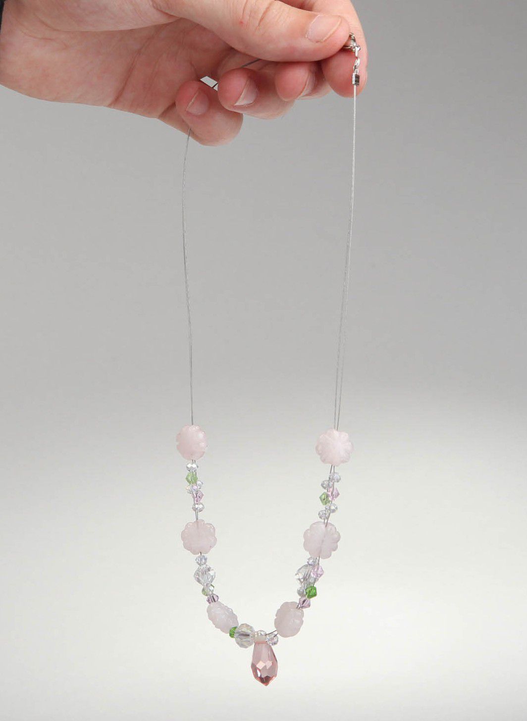 Necklace made of pink quartz & crystal photo 4