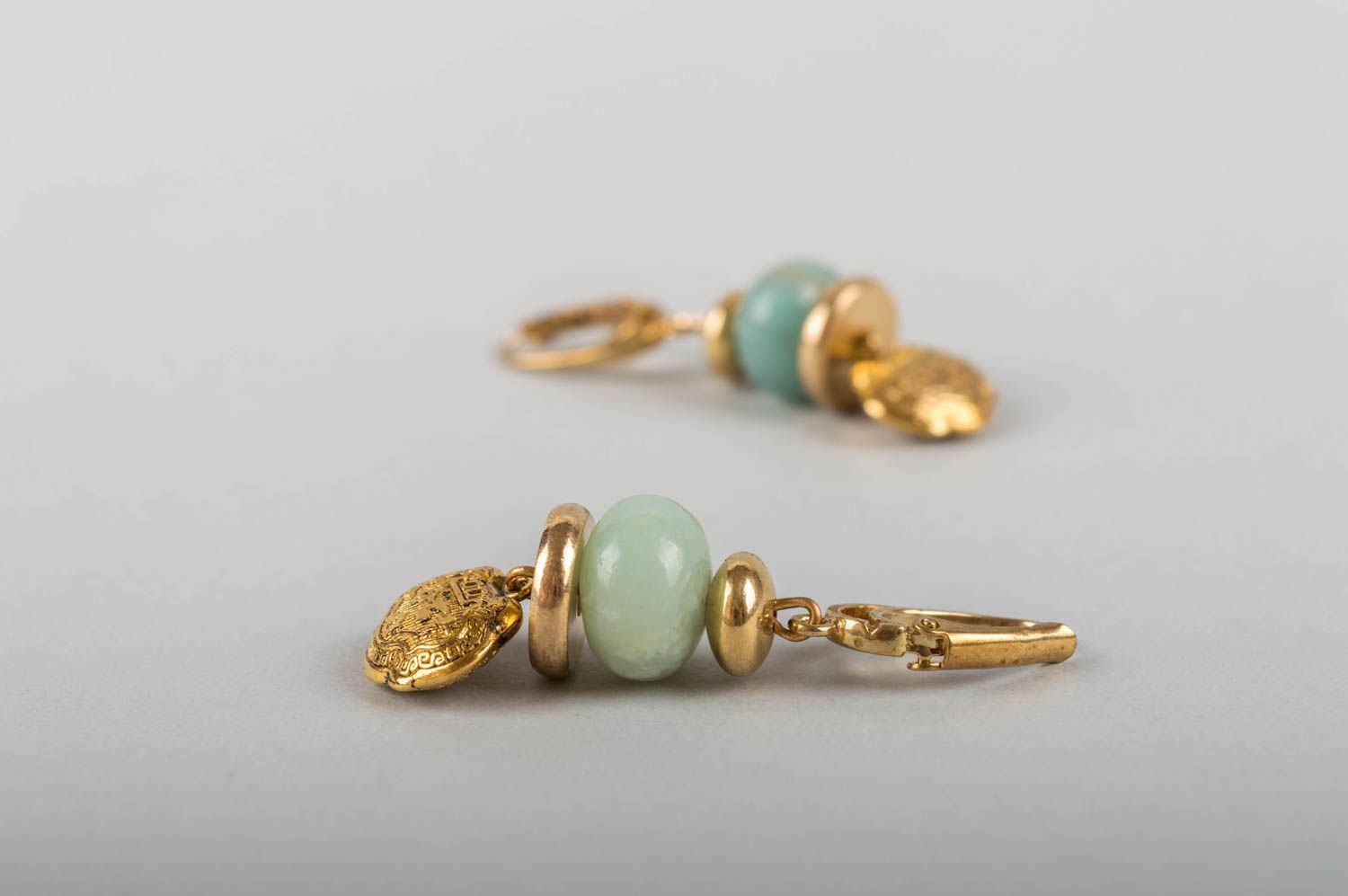 Beautiful elegant handmade designer brass earrings with blue natural stones  photo 3