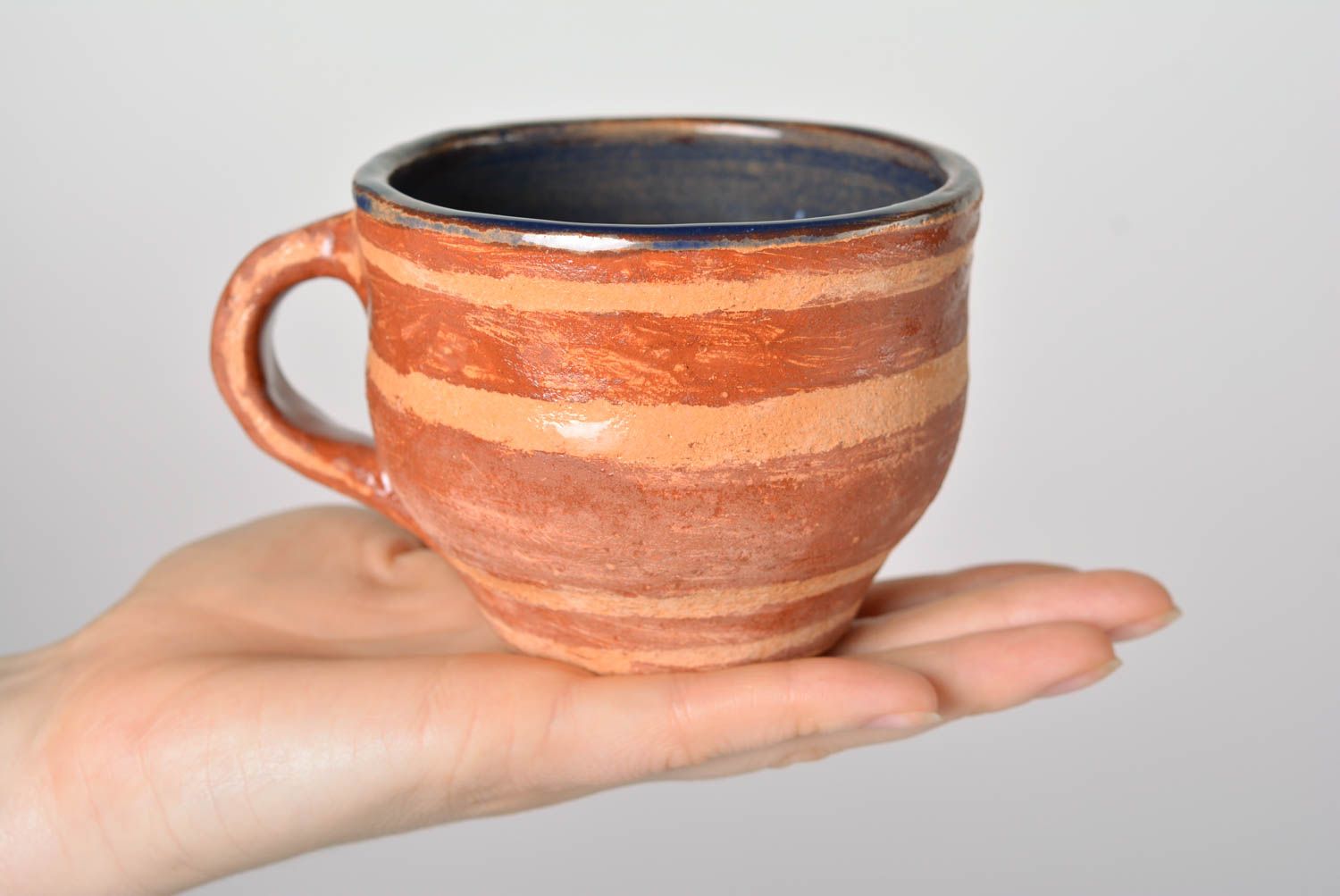 Village pottery style ceramic clay cup for coffee in light brown color with handle photo 4