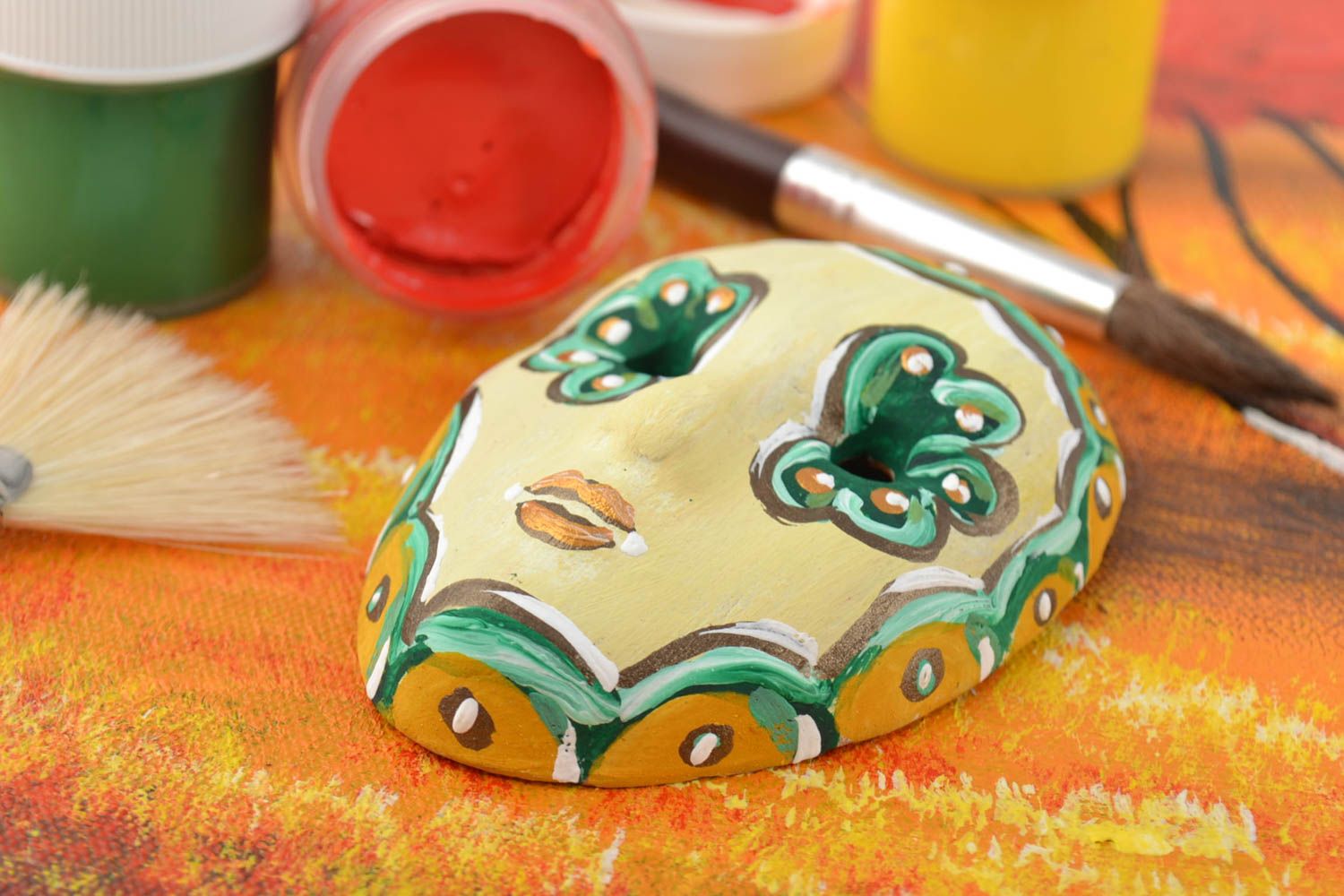 Beautiful homemade painted clay fridge magnet carnival mask of light color photo 1