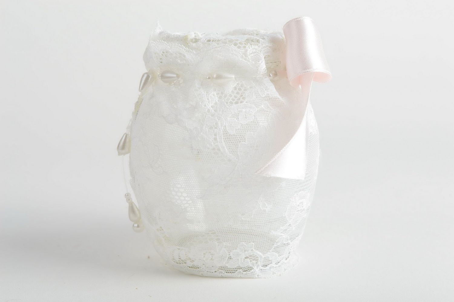Glas Vase für Blumen in Form von Dose mit Band verziert handmade 250 ml  foto 5