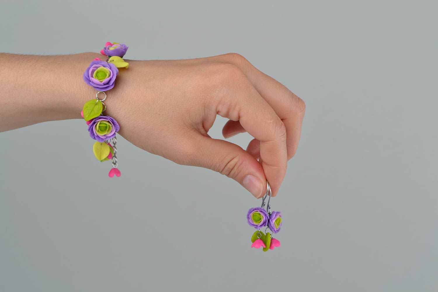 Violet and pink flowers charm chain bracelet for daughter photo 2