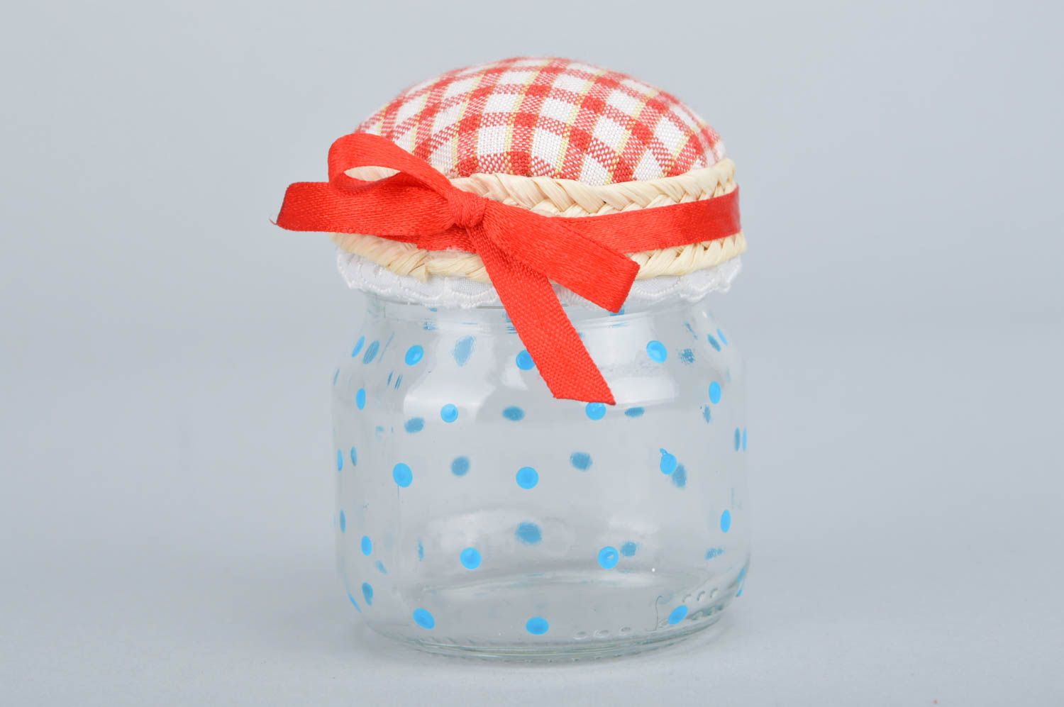 Unusual beautiful handmade checkered fabric pincushion with glass jar basis photo 2