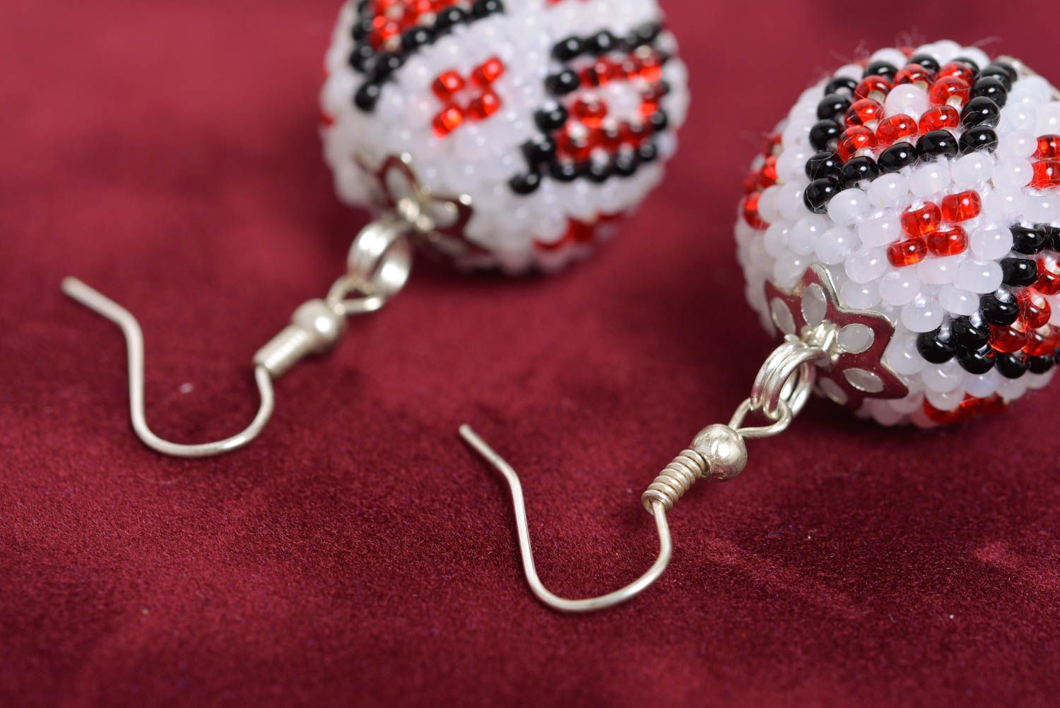 Beautiful handmade white beaded ball earrings with ornament in ethnic style photo 5