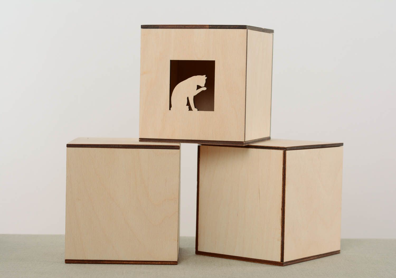 Peça para criatividade de madeira contraplacada Caixinha com gato foto 3
