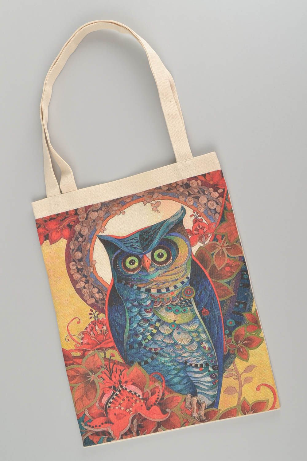 Handmade painted beautiful bag with long handles with print in shape of owl photo 2