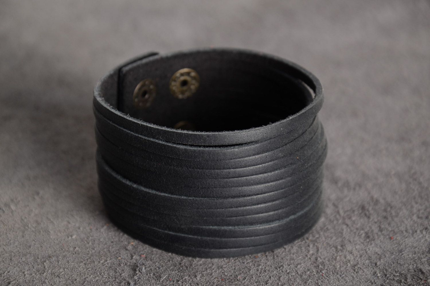 Handmade black genuine leather wide bracelet with button clasp unisex photo 1