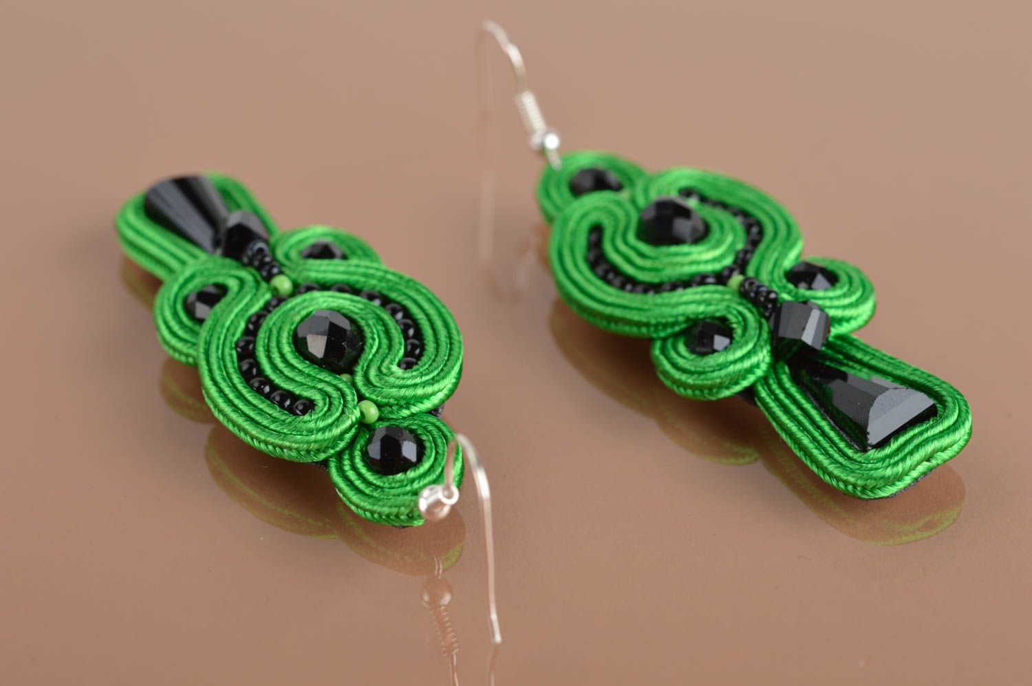 Handmade massive long soutache earrings in green color for an evening event photo 5