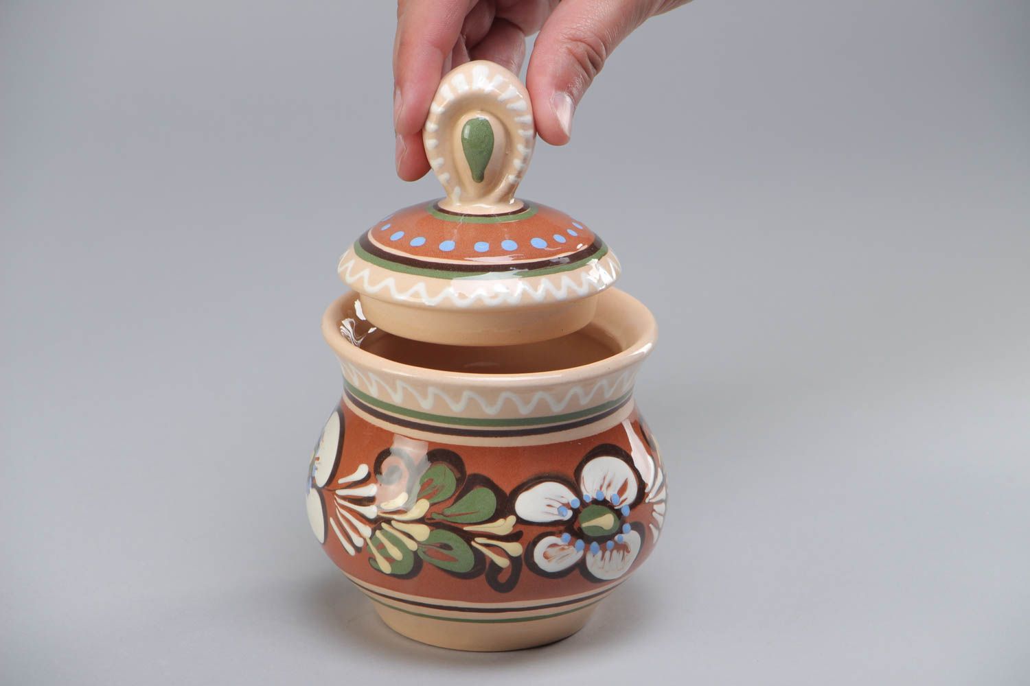 Handmade painted clay sugar bowl pot with lid 300 ml photo 5