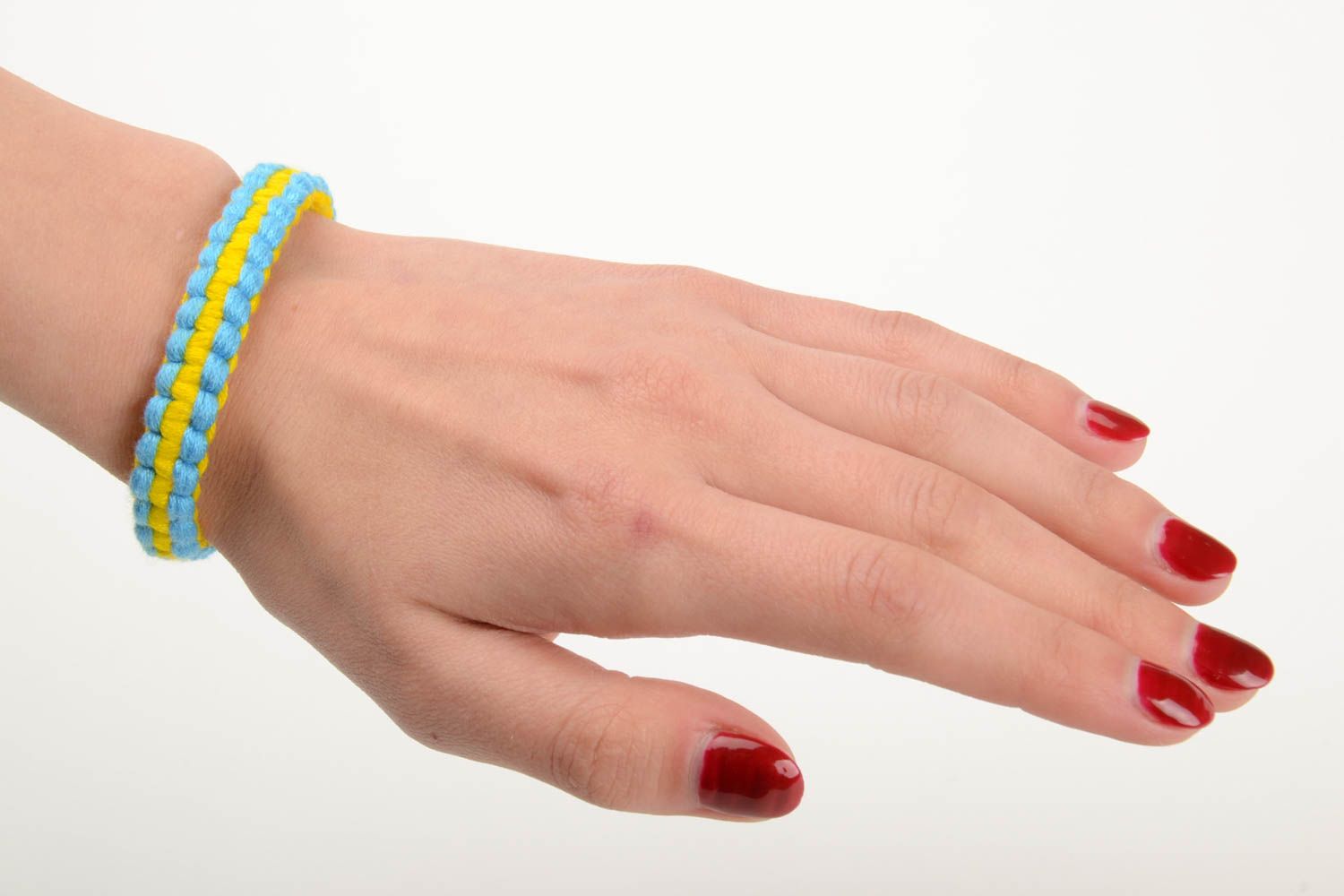 Yellow and blue handmade woven thin embroidery floss bracelet Cobra photo 5