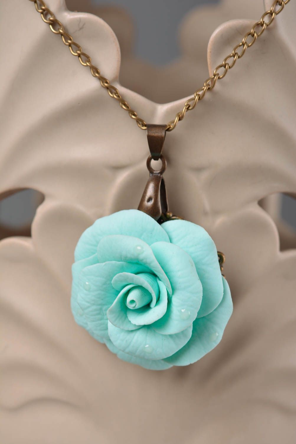 Elegant handmade designer blue polymer clay flower pendant on long chain Rose photo 1