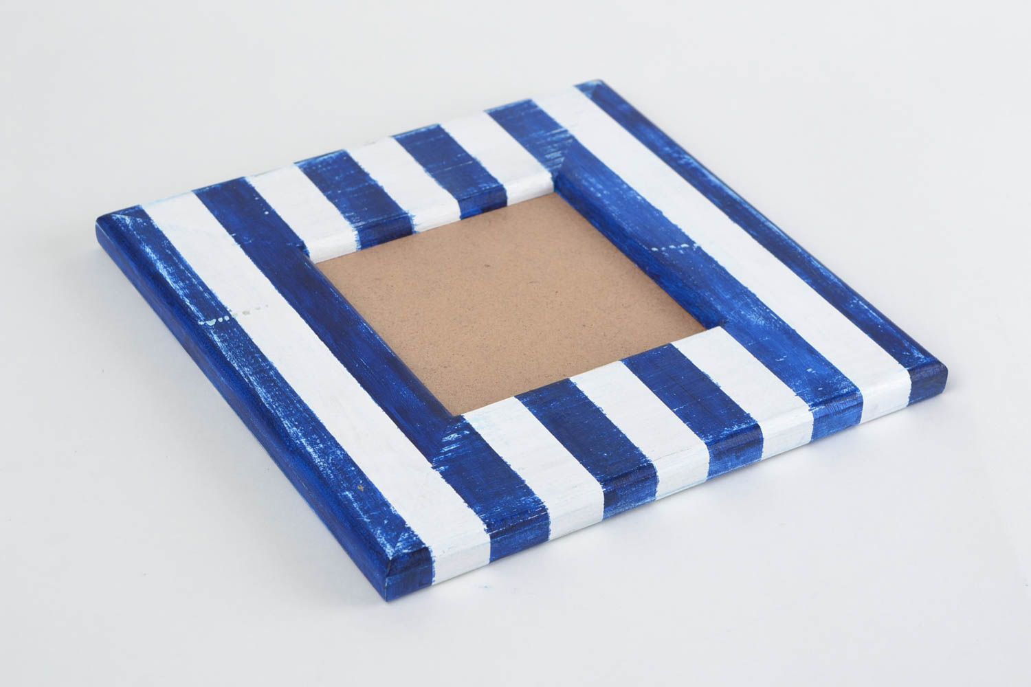 Quadratischer Fotorahmen aus Holz mit Bemalung gestreift blau weiß handmade foto 4