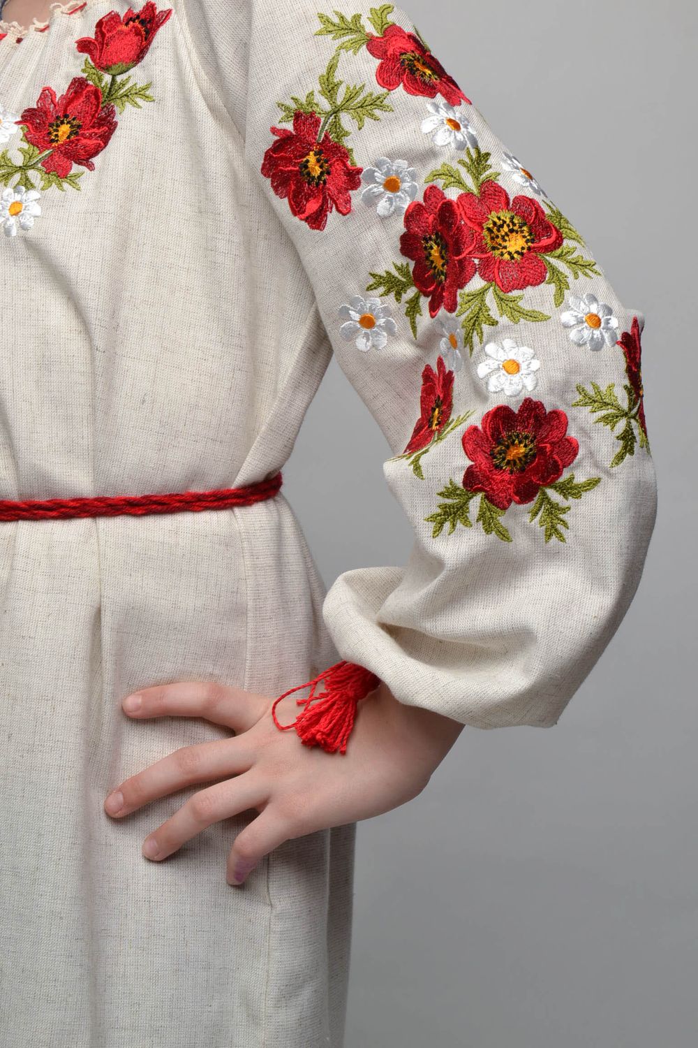 Embroidered dress with belt photo 2