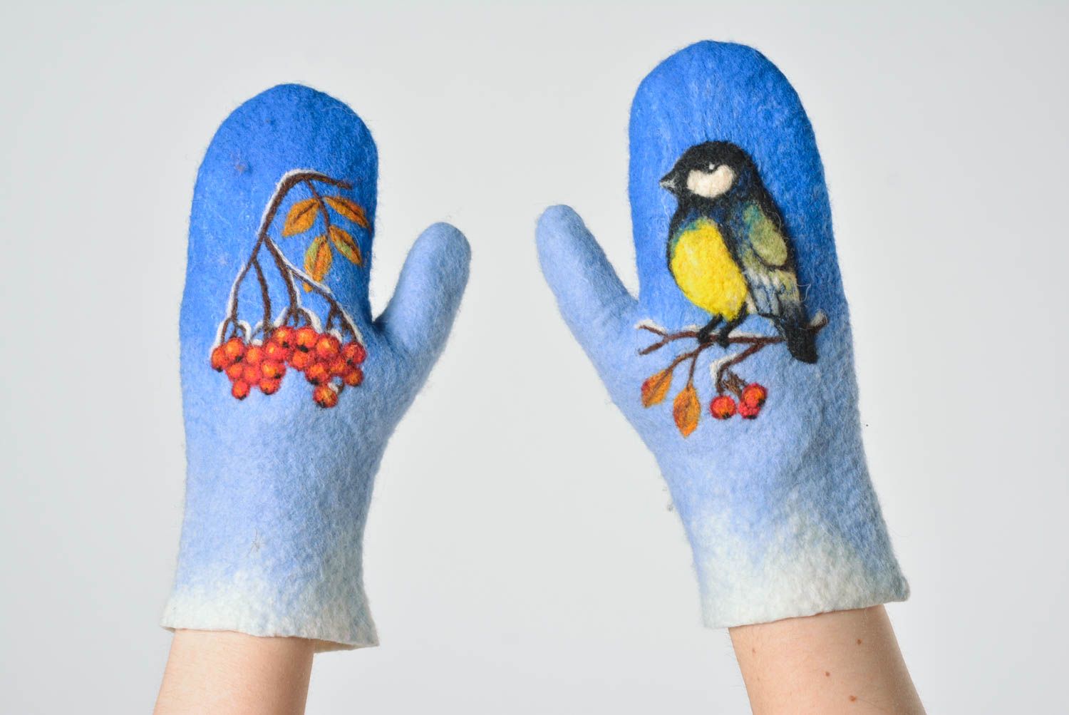 Blaue Handschuhe Fäustlinge handmade Winter Accessoires Damen Fäustlinge Vögel foto 1