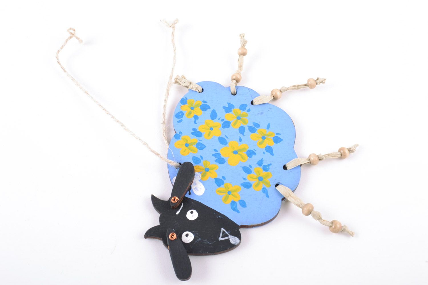 Homemade decorative painted wooden wall hanging blue lamb with yellow flowers photo 4