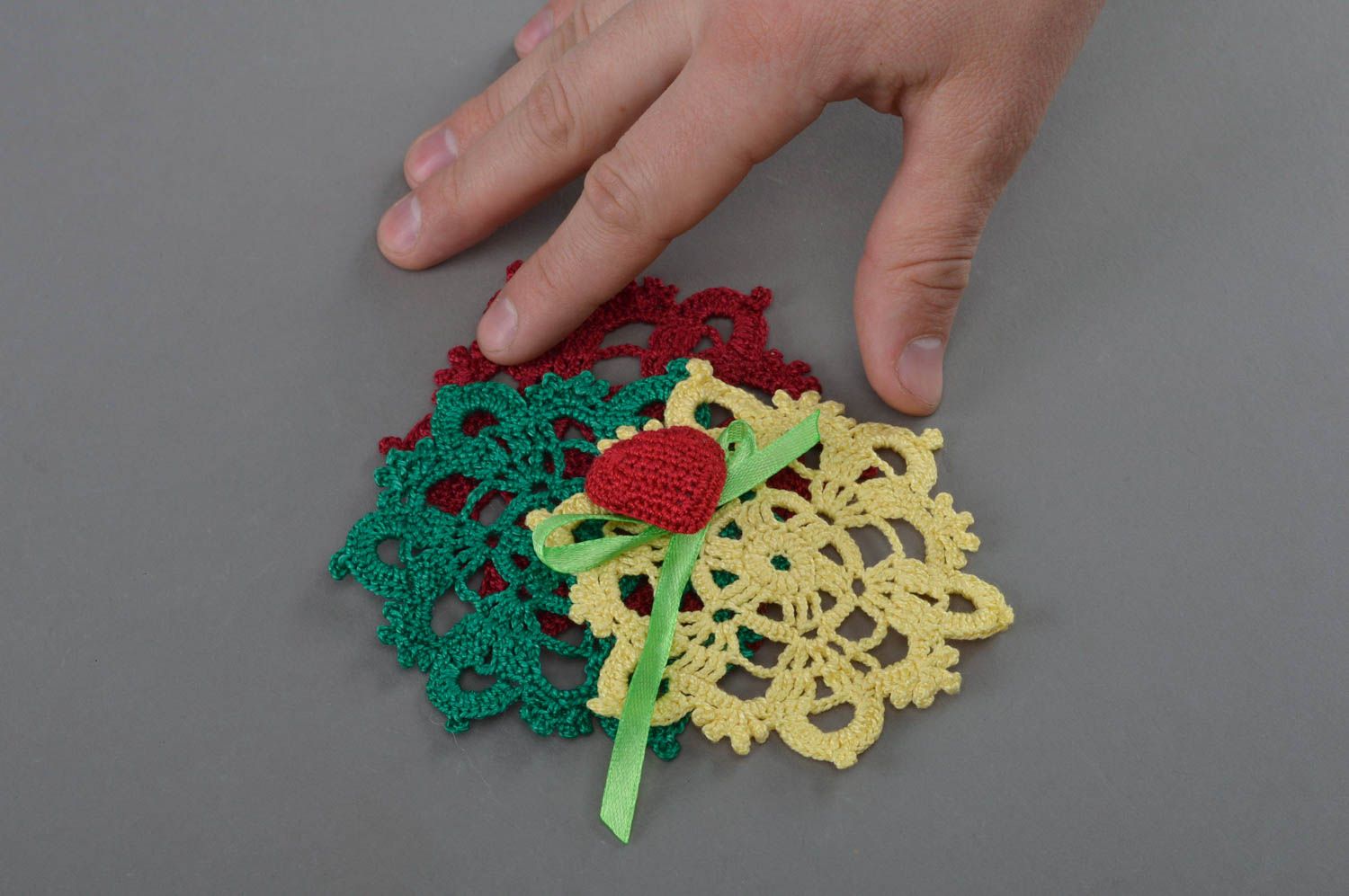 Unusual beautiful three colored handmade crochet lace table napkin home decor photo 4
