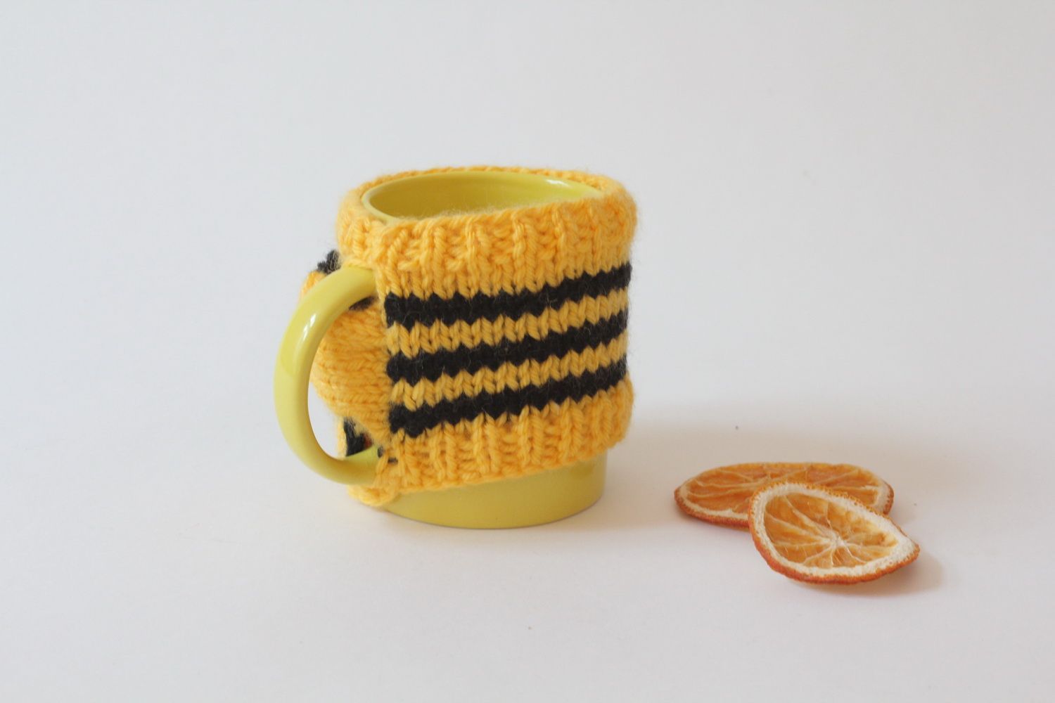 Cup in yellow color with handle and knitted bee colors' cover photo 4
