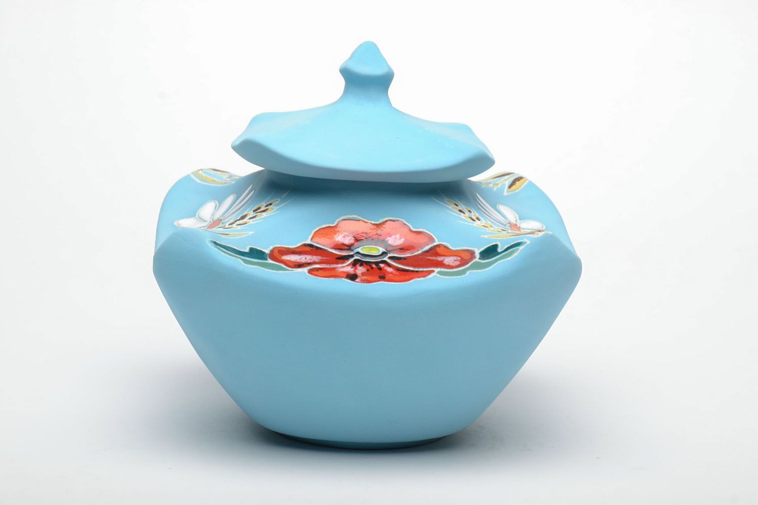 Blue ceramic sugar bowl with painting photo 3