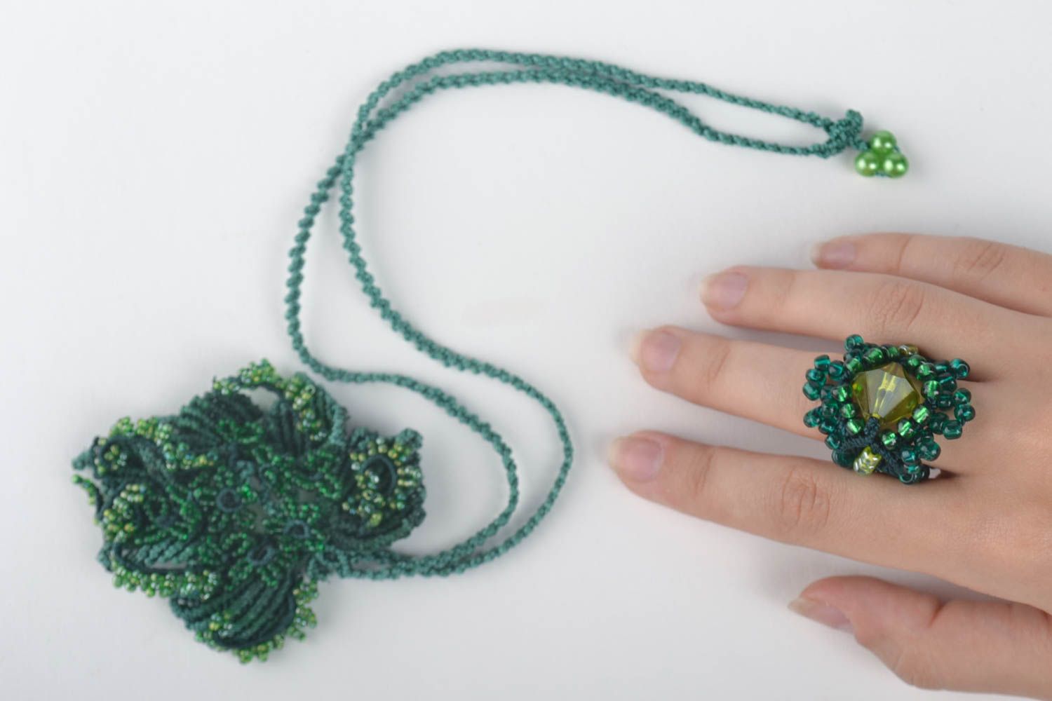 Textile jewelry set 2 pieces handmade beaded pendant woven bead ring gift ideas photo 5