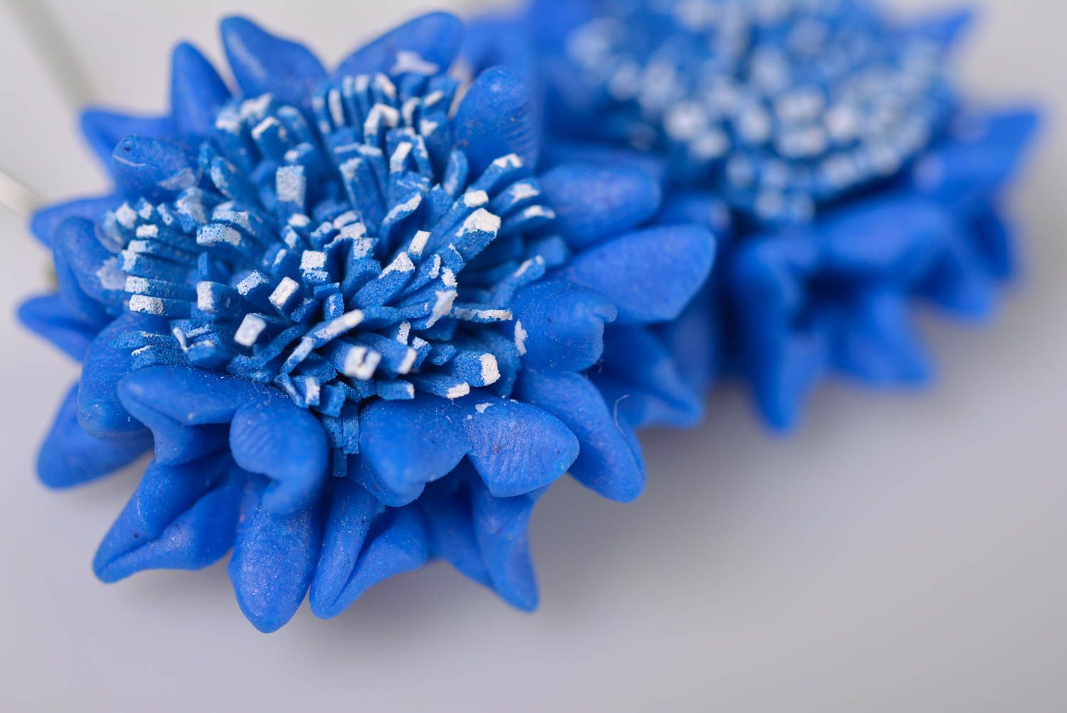 Handmade designer earrings with polymer clay blue cornflowers on metal basis photo 3