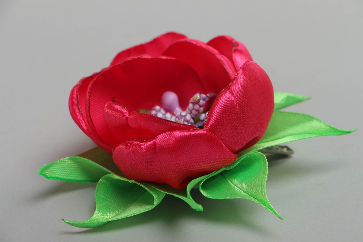 handcrafted unique bobby pin made of satin ribbon in the form of red peony flower photo 3